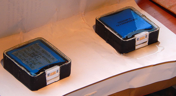 Two of the three GPS loggers cast in epoxy resin