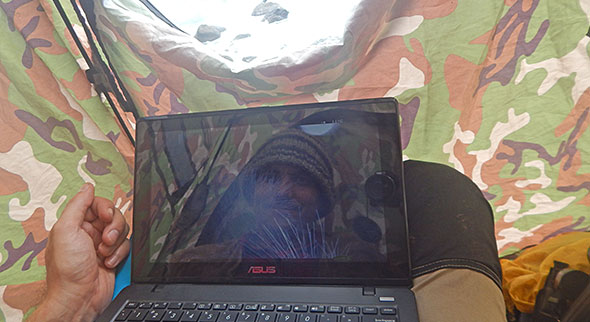 I couldn't resists the temptation of taking a selfie while working on our trail cam data in the hide tent