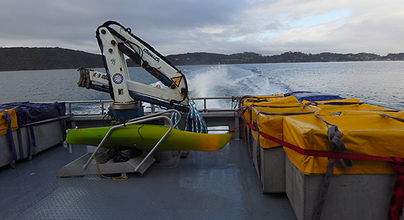 Leaving Stewart Island (Note six of the seven bins loaded with film gear on the right)
