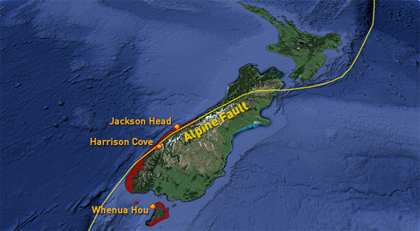 Tawaki breeding range (red), Alpine Fault and our three study sites. Maybe we should be worried too?