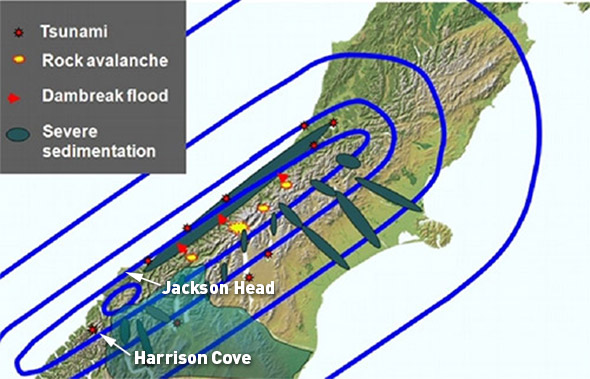 Predicted isoseismals &amp; consequences for the next Alpine Fault rupture (source: <a href="example.com">http://bit.ly/1DZWvK1</a>).